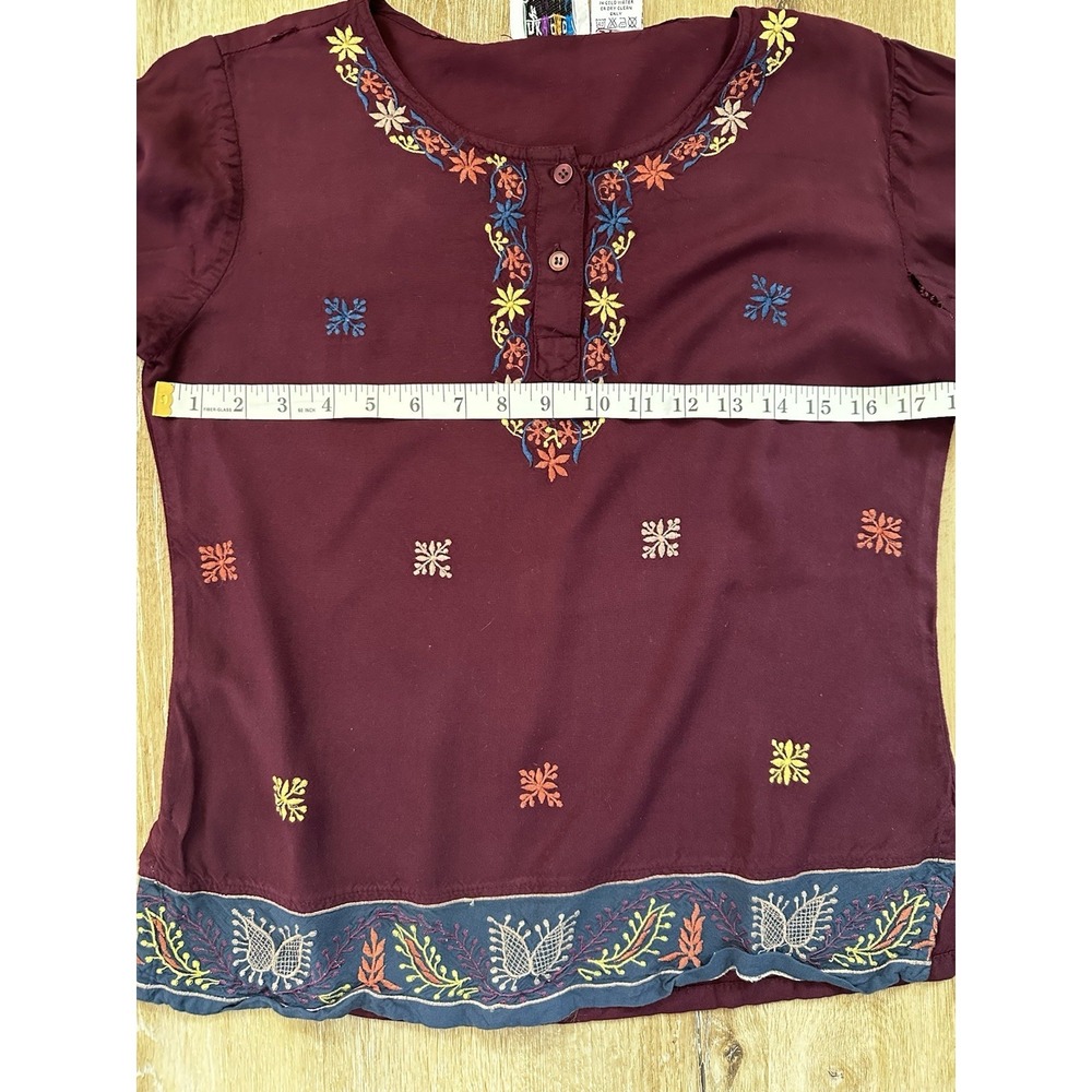 Vintage Flaky People Embroidered Boho Peasant Top Burgundy Folk Festival Medium - Picture 4 of 9
